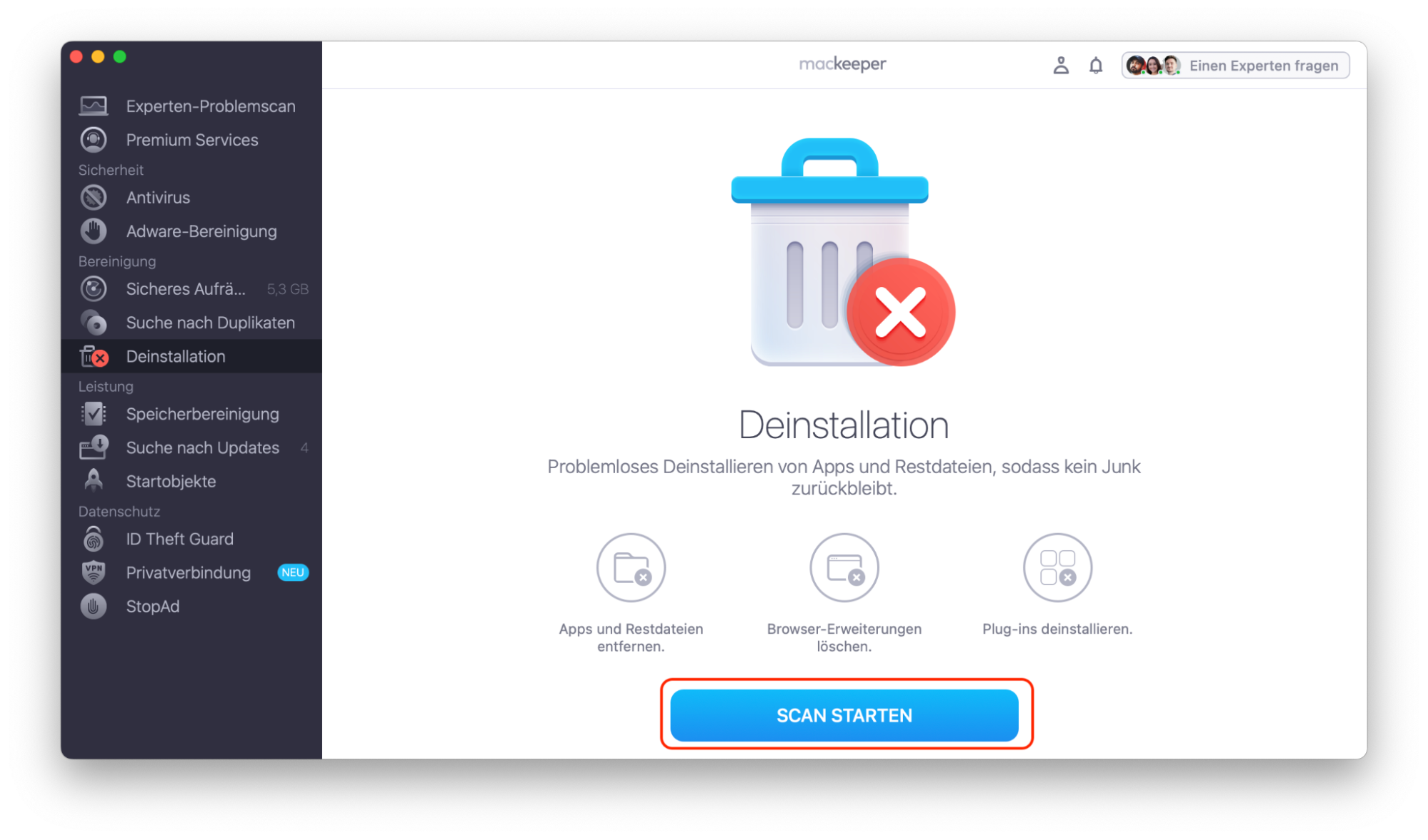MacKeeper auf macOS Monterey zeigt das intelligente Deinstallationsprogramm an. Klicken Sie auf die Schaltfläche Scan starten, um alle Apps, Restdateien, Browsererweiterungen und mehr zu finden, die entfernt werden können.