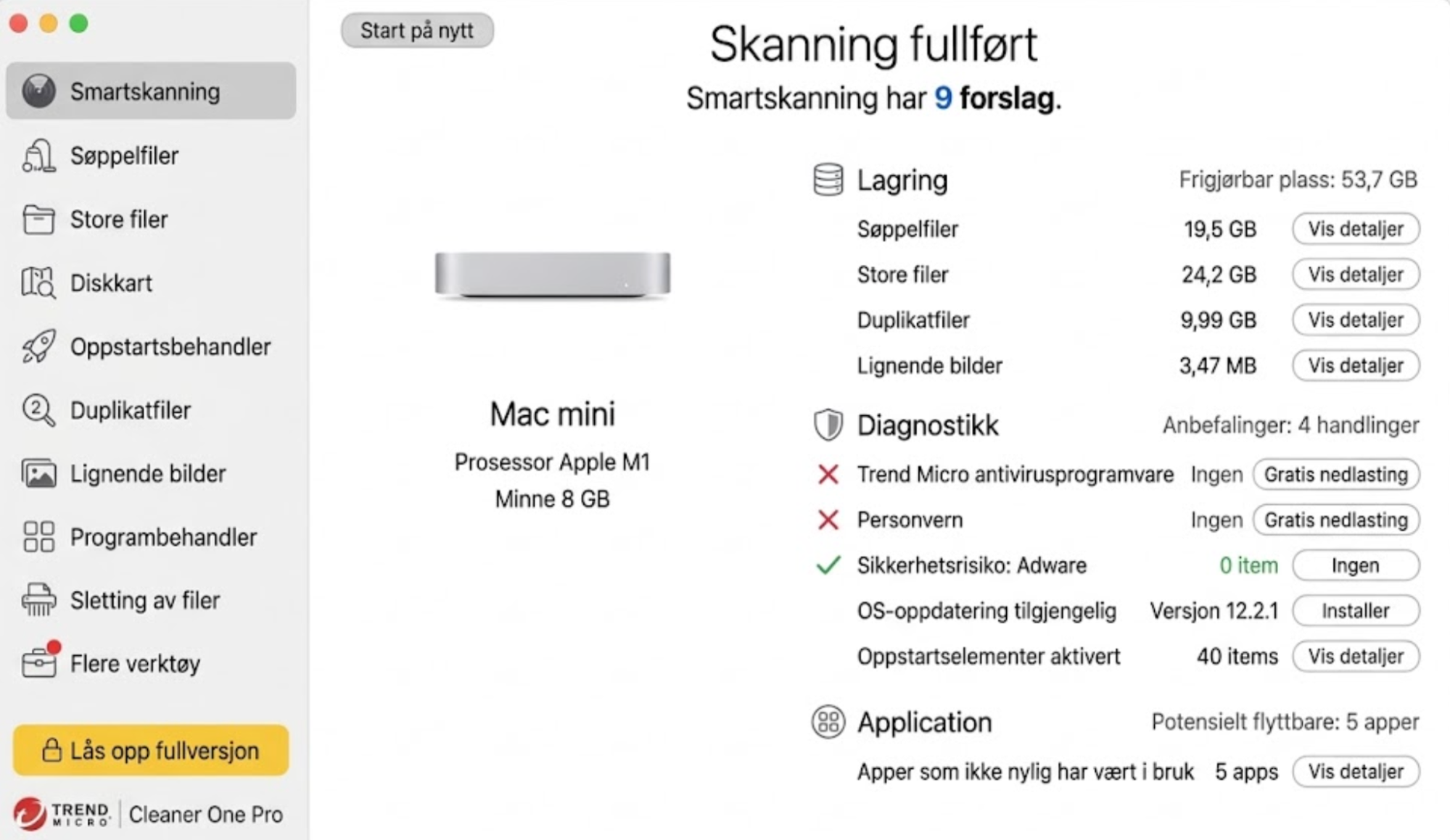 Resultatene av rengjøringstesten til Cleaner One Pro, med listen over anbefalinger gitt til brukeren etter at den er ferdig.