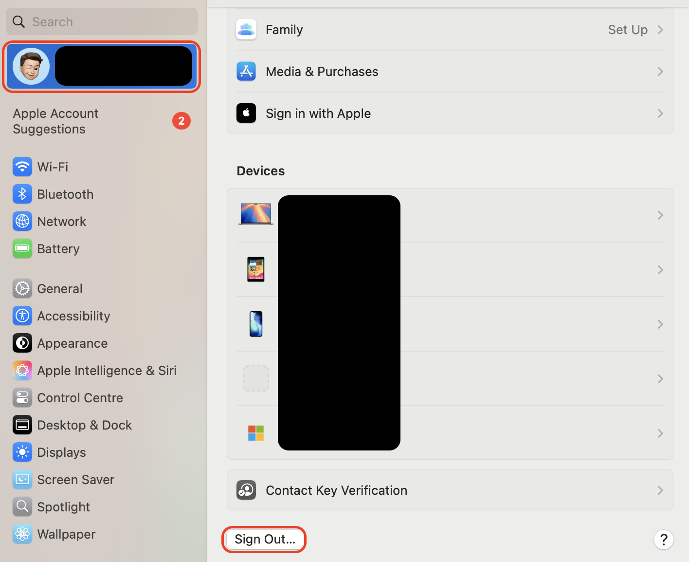On your Mac, open System Settings, click your Apple ID profile, scroll to the bottom of the page, and click Sign Out to log out.