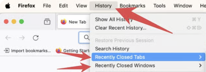 To bring back closed tabs or windows in Firefox, the process is very simple. You just need to have Firefox open, click on History and browse the recently closed Tabs or Windows from the drop down menu.