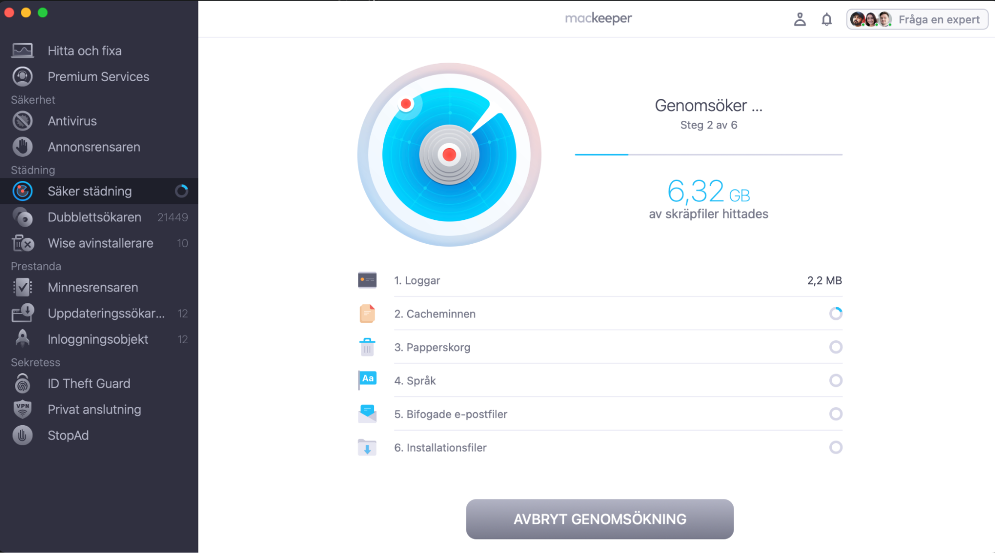 Kör en skanning av enheten och vänta tills den hittar cache, loggar och annat digitalt skräp som gömmer sig på din Mac och gör den långsam.