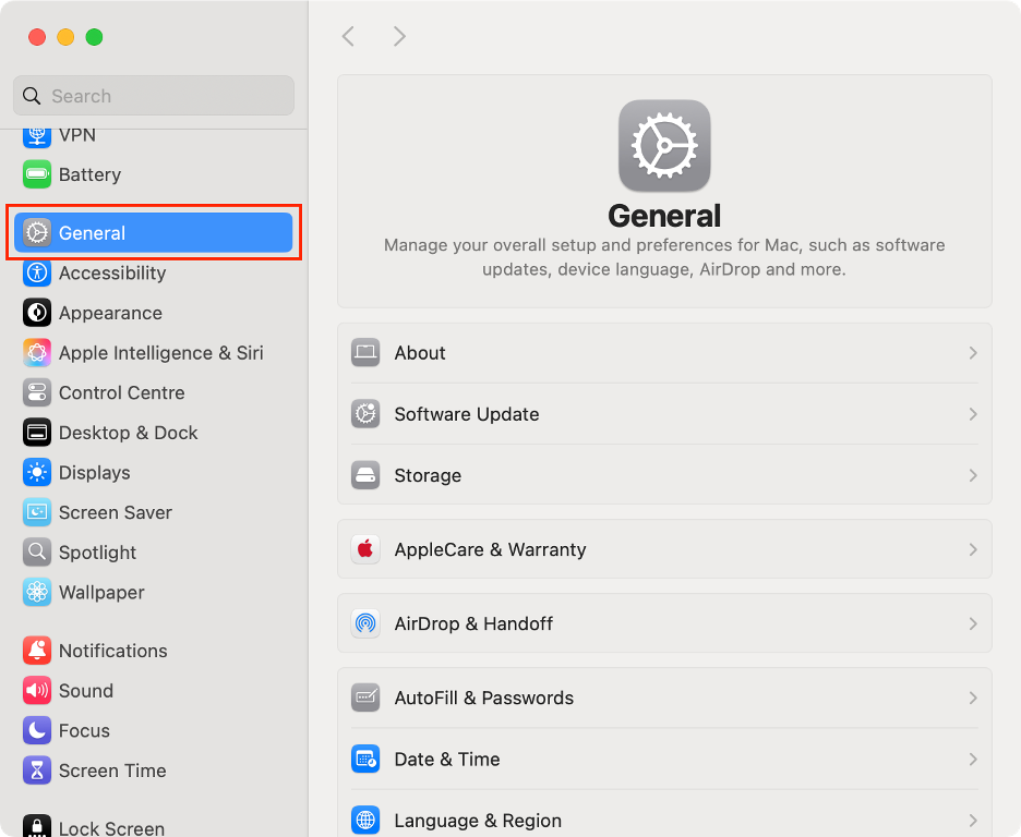 To erase your Mac and fix the com.apple.buildinfo.preflight.error, open the System Settings app on your device, then select General in the sidebar.