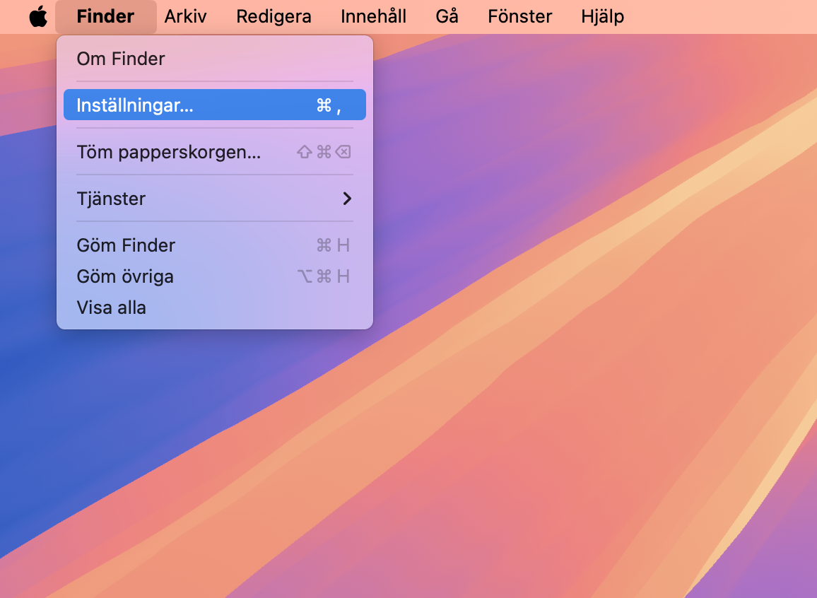 Öppna ett Finder-fönster och välj sedan Finder > Inställningar i menyraden. Där kan du kontrollera om externa diskar är inställda att visas.