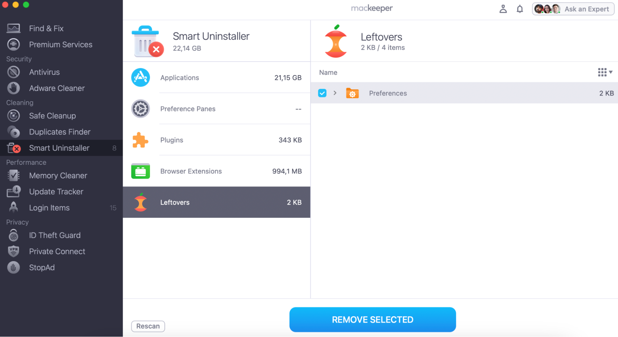 Now, to finalize the process, go to Leftovers category in the scan results by MacKeeper, choose the found files , and click on Remove Selected to free your Mac from any redundant file remnants.