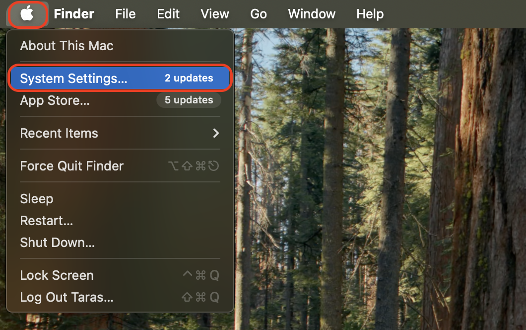 Click the Apple logo in the top-left corner of your screen and choose System Settings from the dropdown menu to access macOS preferences.