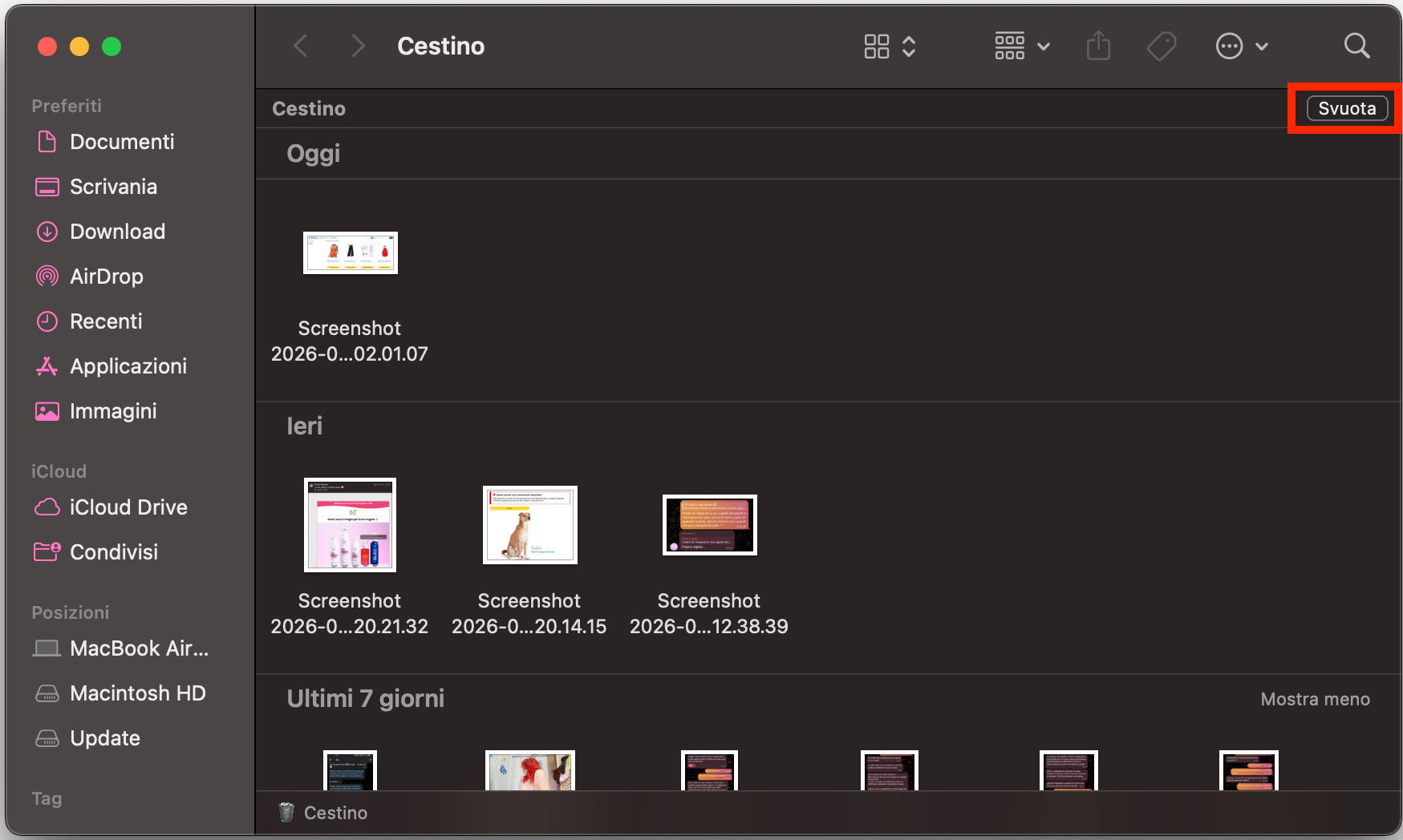 La cartella Cestino su Mac che mostra tutti i file eliminati. Clicca il pulsante Svuota per disinstallare le app dannose eliminate.