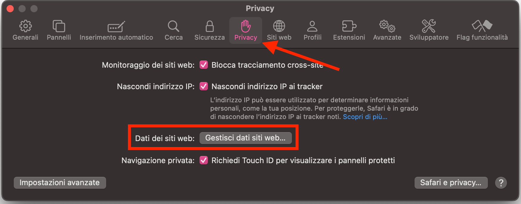 Il menu Impostazioni dentro Safari per Mac che mostra il menu Privacy. Clicca Gestisci dati siti web per ripristinare il browser alle impostazioni predefinite.