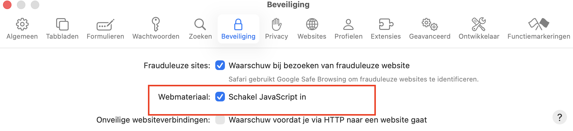 Schakel JavaScript in op het tabblad Beveiliging.