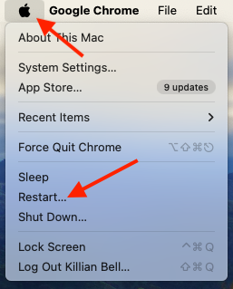 Apple menu on macOS Monterey shows the option to Restart your Mac. Click Restart to begin.