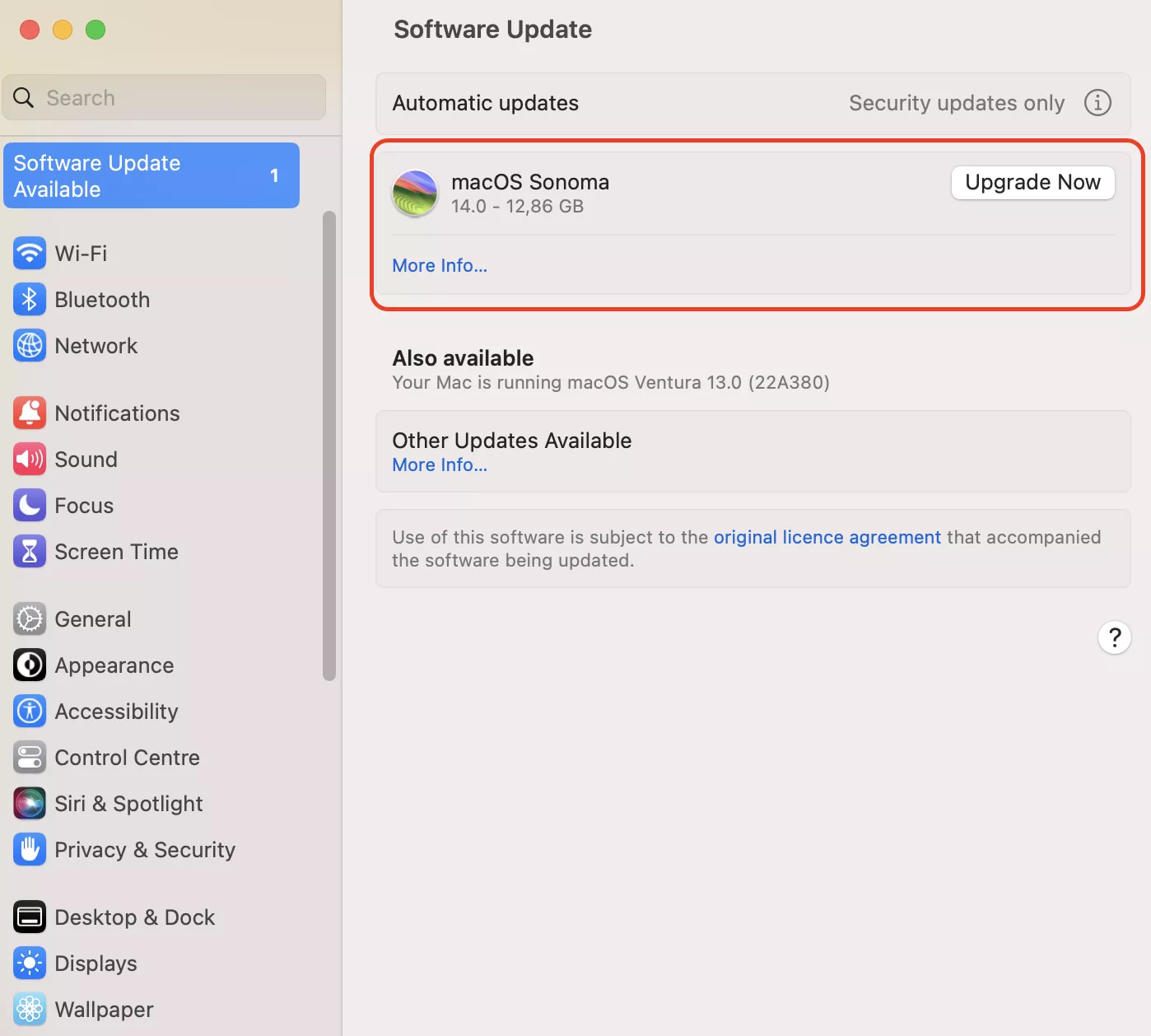 To continue the process of macOS update, in the Software Update window opened, see the info about the update available. If it exists, proceed with the process by clicking on the Upgrade Now button