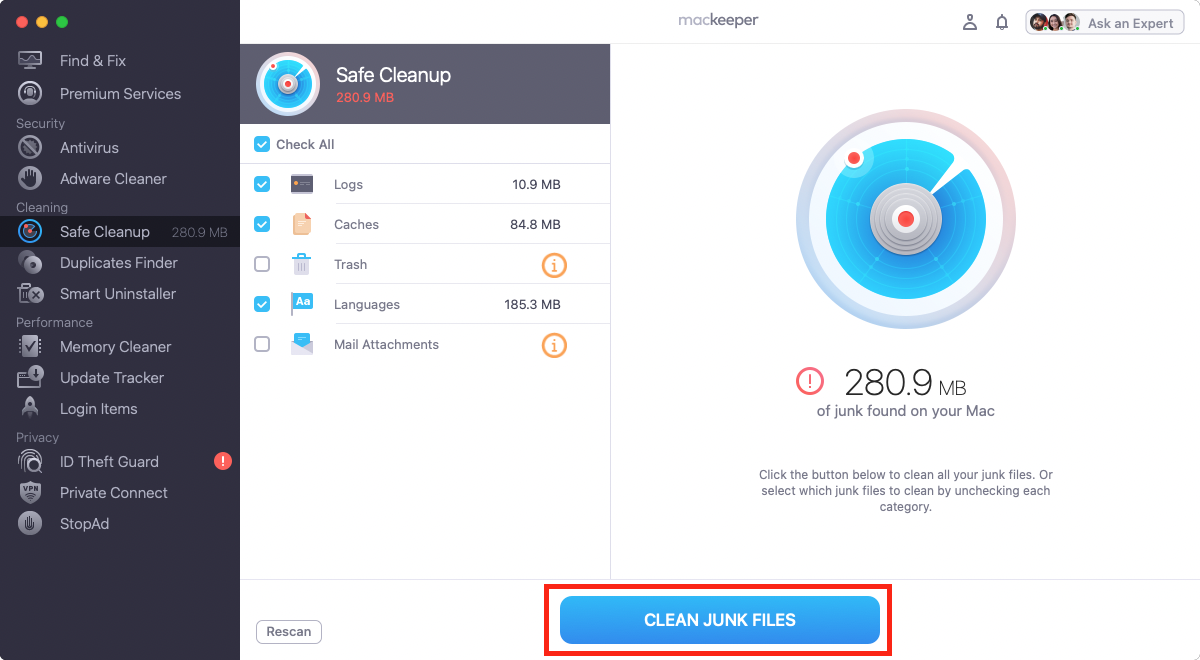 Clean junk files with MacKeeper Clean junk files with MacKeeper