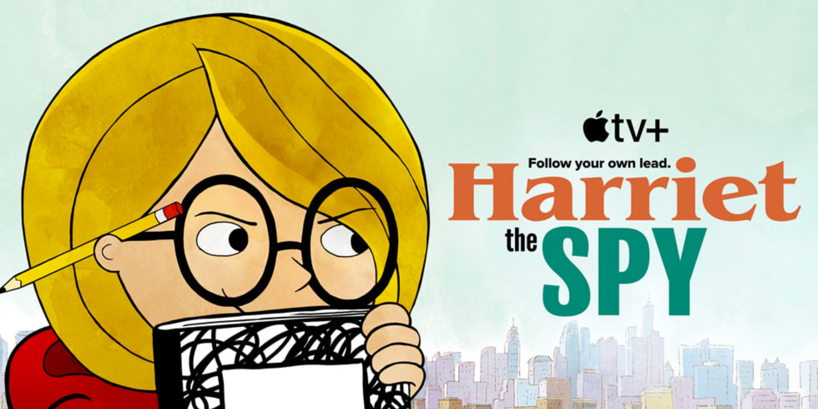 An illustration for the Harriet the Spy animation showing a blonde girl with round, thick-frame glasses carrying a notebook and looking sideways suspiciously An illustration for the Harriet the Spy animation showing a blonde girl with round, thick-frame glasses carrying a notebook and looking sideways suspiciously