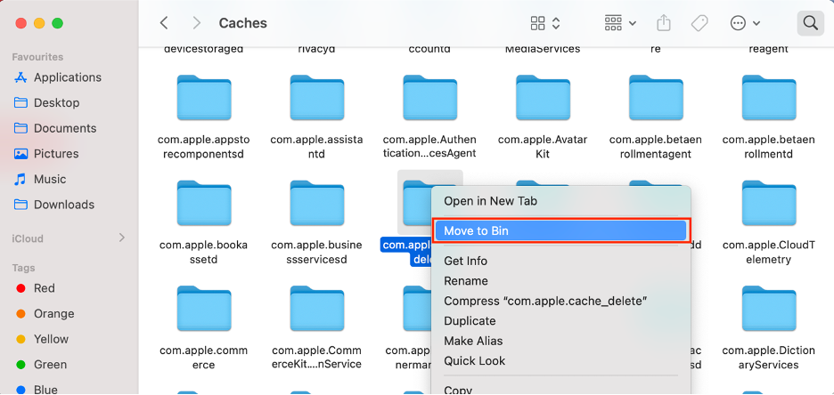 To delete cache files on your Mac or MacBook, select the Excel documents and folders, right-click on them, then select Move to Bin from the dropdown menu.