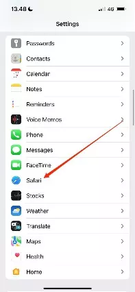 Safari tab in settings on iphone