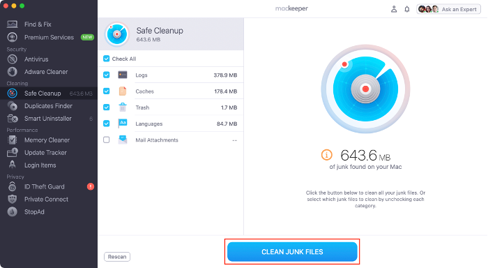 To remove unnecessary files from your Mac using MacKeeper’s cleaning tool, click Clean Junk Files.