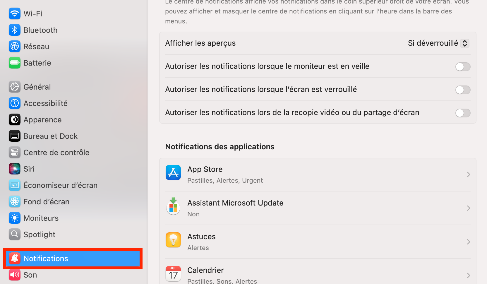 L’onglet Notifications est encadré en rouge dans les Réglages Système et vous permet de désactiver les notifications envoyées par Microsoft AutoUpdate.