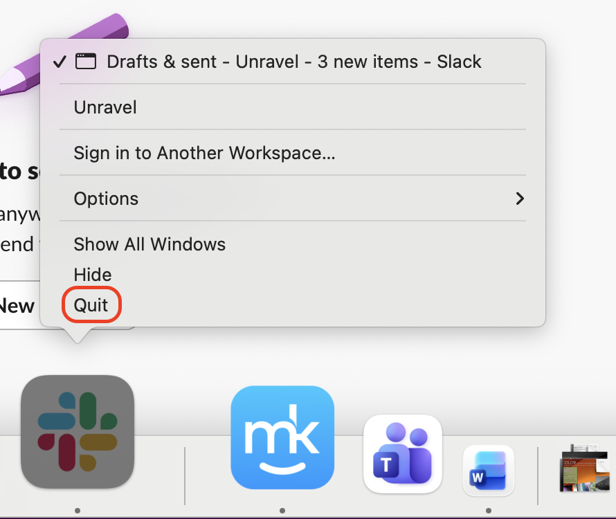 To quit the application completely on your Mac, you should press the key combination Command + Q or right-click the icon in your Dock and select the Quit option.