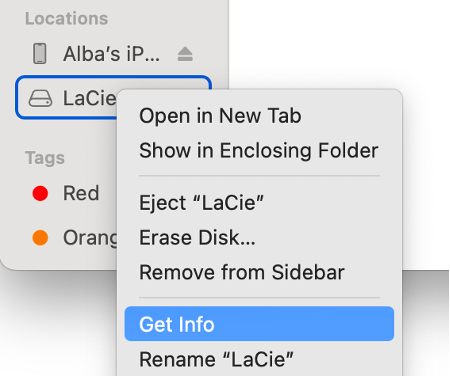 To see if you have the right disk permissions on your Mac and understand why you see the 69877 couldn’t open device error, right-click on your external disk and select Get Info.