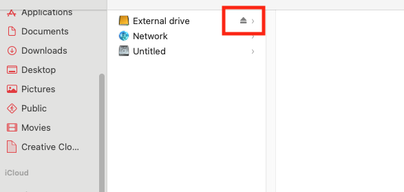 Before disconnecting external drives, you should eject them from macOS, so you don't lose data. Click the eject icon to do this. Before disconnecting external drives, you should eject them from macOS, so you don't lose data. Click the eject icon to do this.