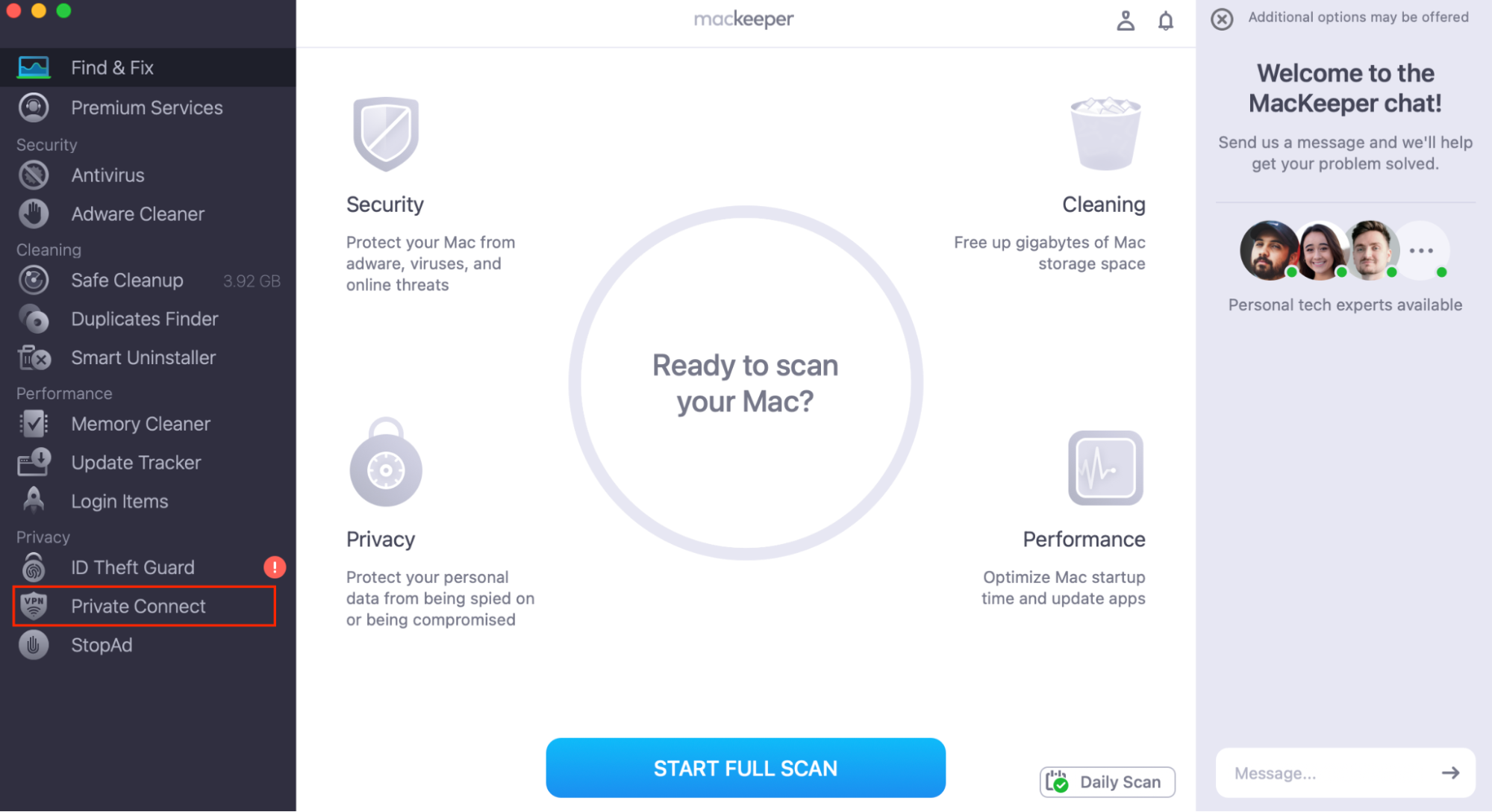 MacKeeper’s Find & Fix homepage, with Private Connect highlighted in the sidebar. How to protect Mac from ransomware: secure your internet connection.
