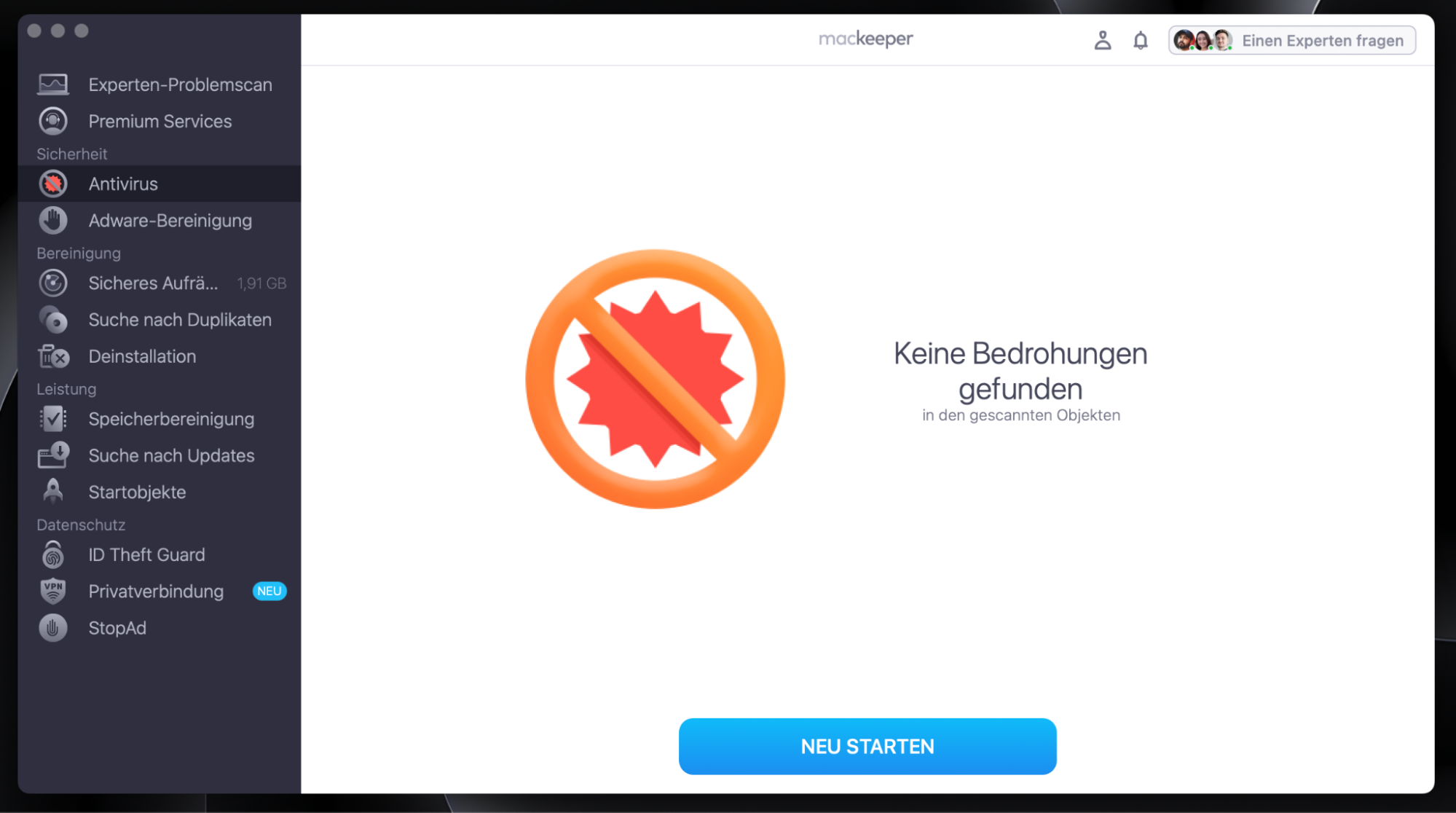 Warten Sie, bis der Scan abgeschlossen ist. Wenn MacKeeper Antivirus Bedrohungen findet, entfernen Sie diese oder verschieben Sie sie in die Quarantäne.