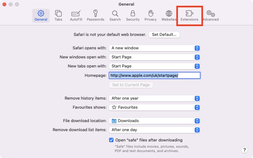 Safari general preferences.