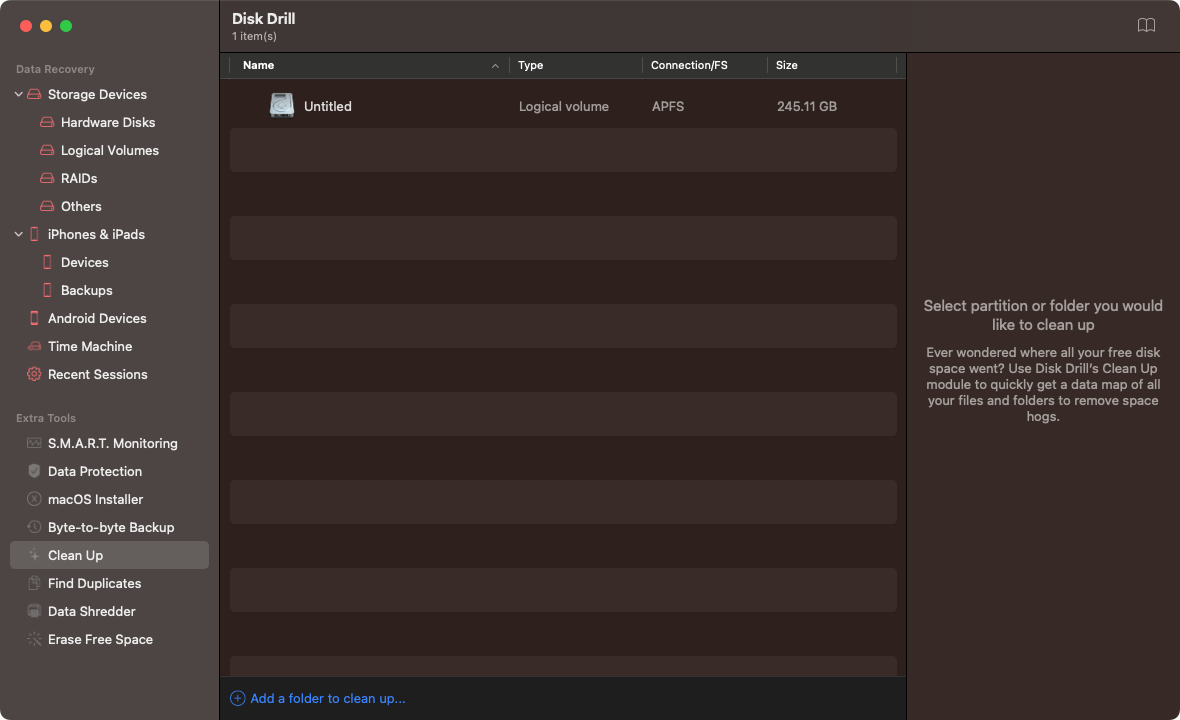 In Disk Drill, you can use the Clean Up feature to rapidly search your Mac's storage for unwanted data that you can safely delete.