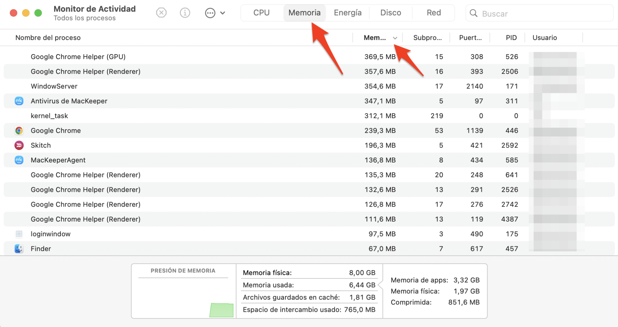 El Monitor de actividad de macOS Monterey muestra una lista de todos los procesos en ejecución. Selecciona la pestaña Memoria y, a continuación, haz clic en la columna Memoria para ordenar todos los procesos por uso de memoria.