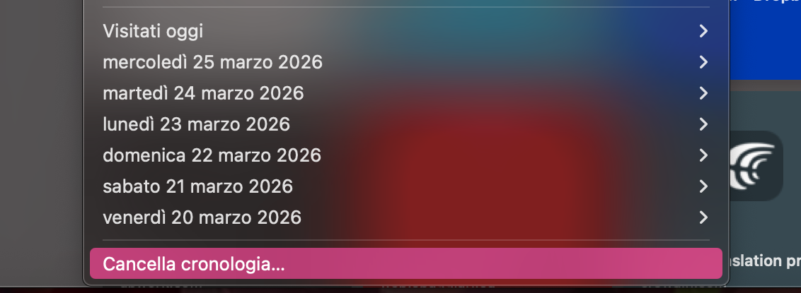 Il menu Cronologia di Safari su Mac. Fai clic su Cancella cronologia per rimuovere tutta la cronologia e i dati dei siti web da Safari.