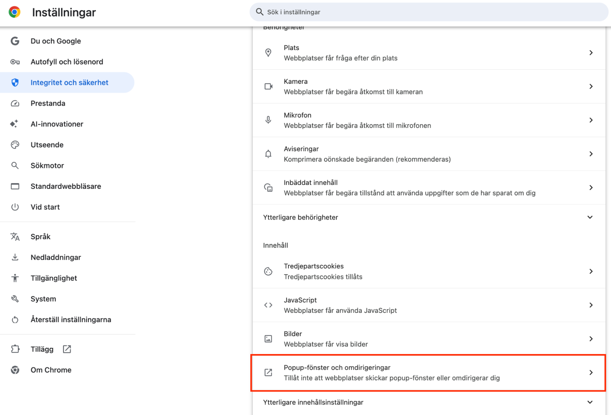 Klicka nu på ‘Popup-fönster och omdirigeringar’. Du kan blockera och tillåta webbplatser att visa popupfönster för dig. Detta kan förhindra att skadlig programvara stör dig.