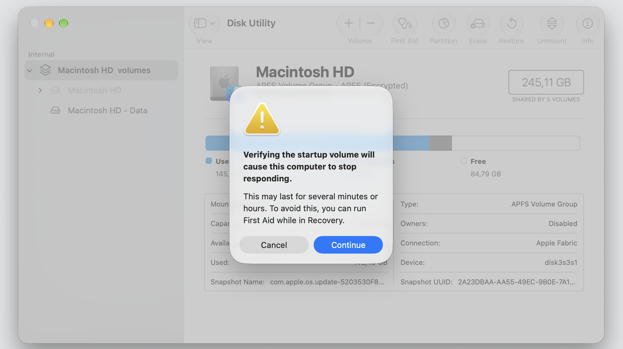 The Disk Utility First Aid prompt on macOS with Continue selected to start checking the startup disk when apps won't open.