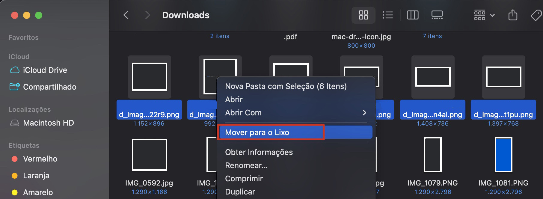 Para excluir downloads manualmente no Mac, abra a pasta Downloads e, mantendo pressionada a tecla cmd, clique em todos os arquivos que você deseja excluir. Depois de selecionar os arquivos, clique com o botão direito e selecione Mover para o Lixo.