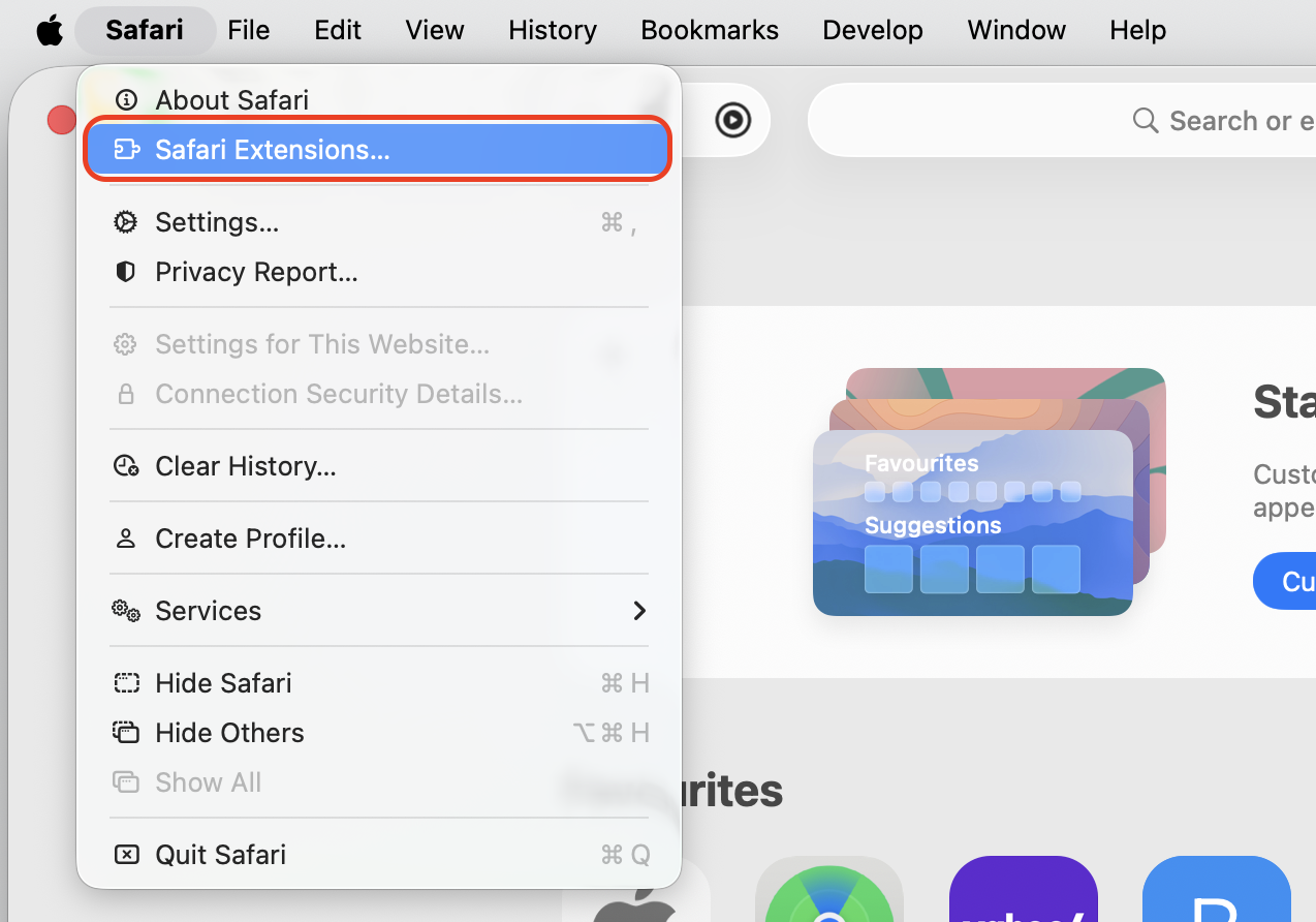 Safari menu open on a MacBook with the Settings option selected to reach the Extensions tab and remove Chromium-related add-ons on macOS.