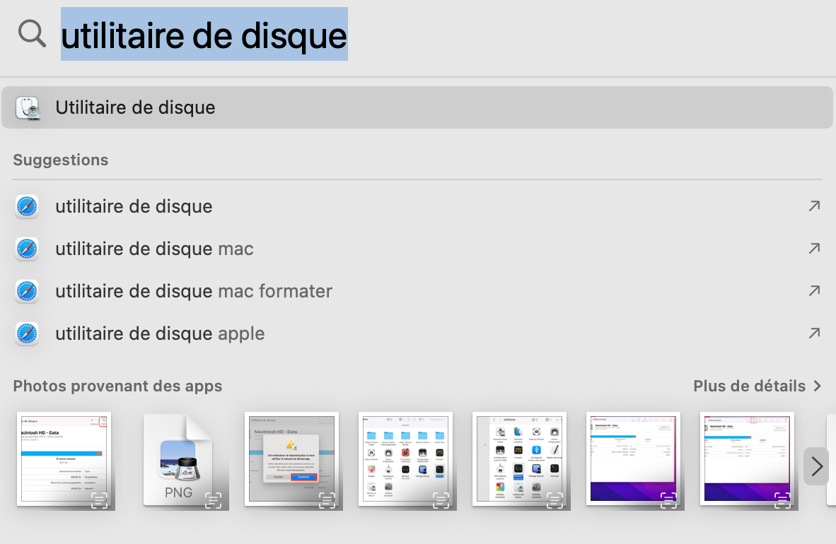 Pour accéder à Utilitaire de disque, faites une recherche dans Spotlight.