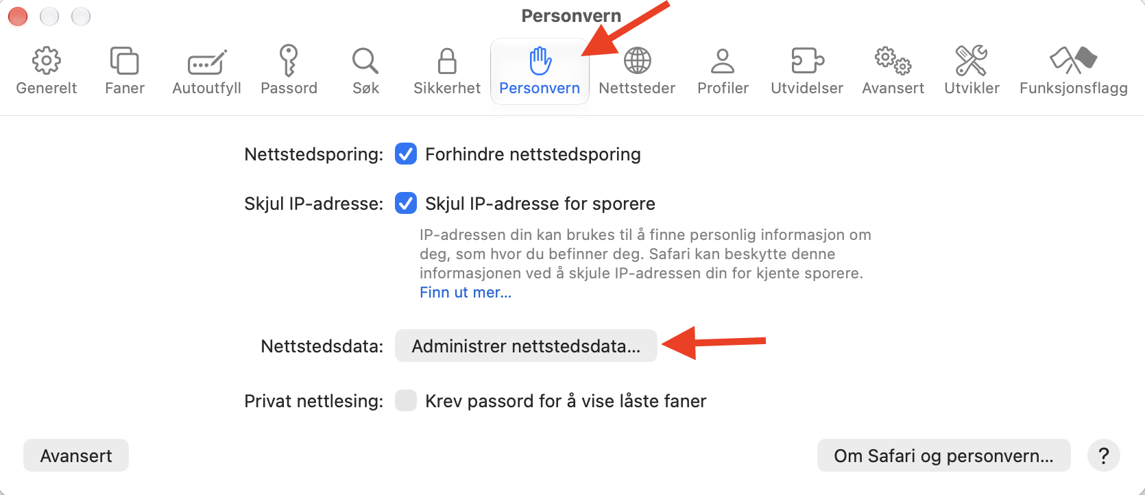 For å prøve å gjøre Safari raskere etter den nye oppdateringen, kan du først prøve å tømme hele nettleserhistorikken din. Åpne Safari-innstillinger, deretter Personvern. Klikk på Administrer nettstedsdata og trykk på Fjern alle.