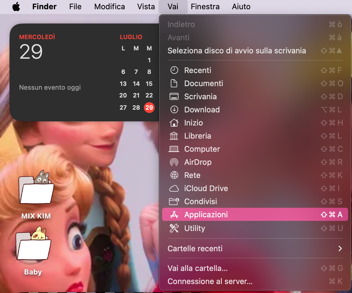 Il menu Vai all'interno della barra dei menu di macOS su Mac. Dopo aver aperto il menu Vai, puoi selezionare Applicazioni per aprire la cartella Applicazioni se non sei sicuro di dove trovarla su Mac.