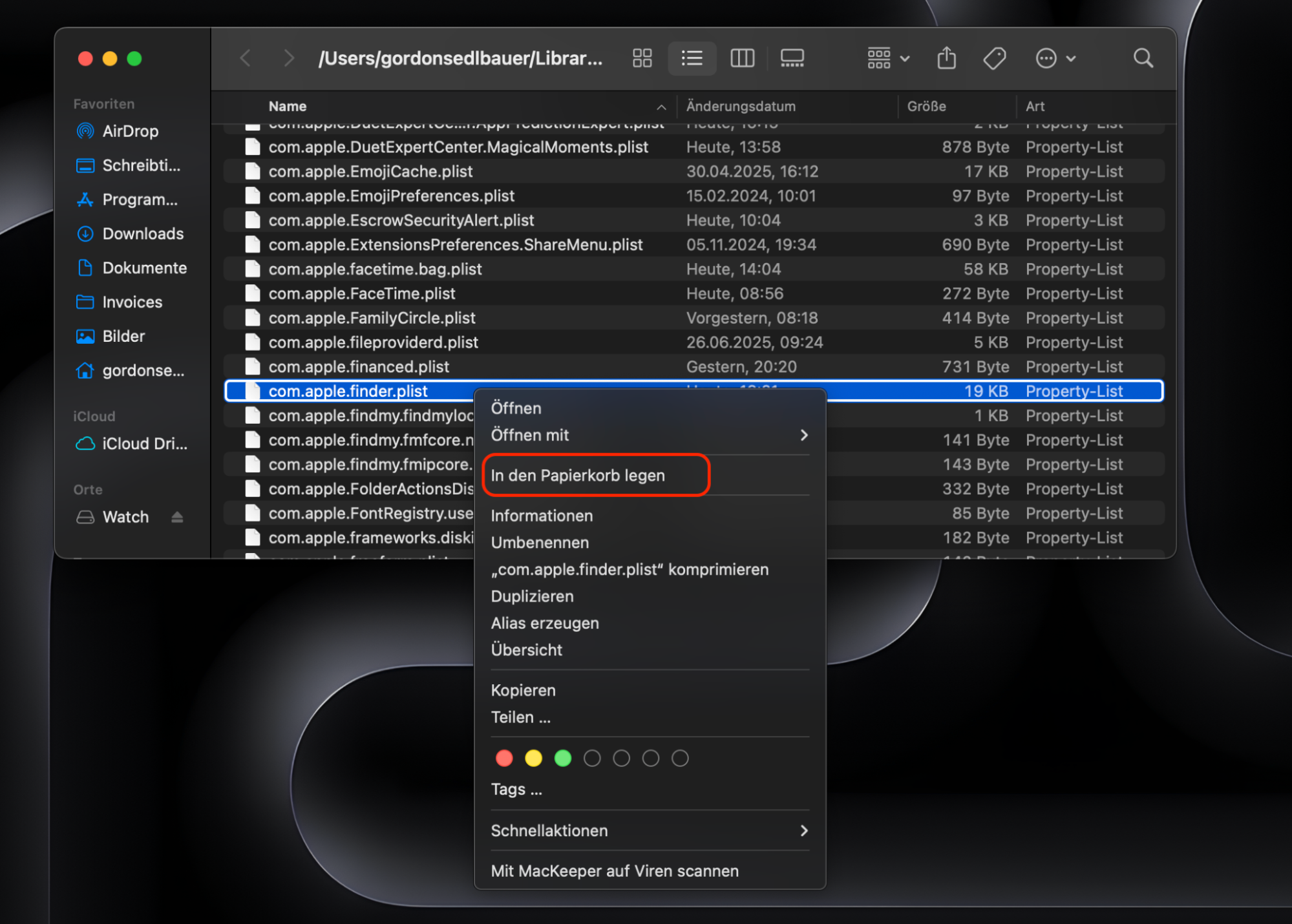 Um die Einstellungs- oder PLIST-Dateien zu löschen, suchen Sie die Datei com.apple.finder.plist und sichern Sie sie. Ziehen Sie sie anschließend in den Papierkorb im Dock. Alternativ können Sie mit der rechten Maustaste darauf klicken und die Option In den Papierkorb legen wählen.
