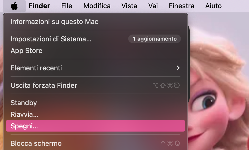 Il menu Apple di macOS mostra alcune opzioni di sistema. Seleziona Spegni per spegnere il Mac.