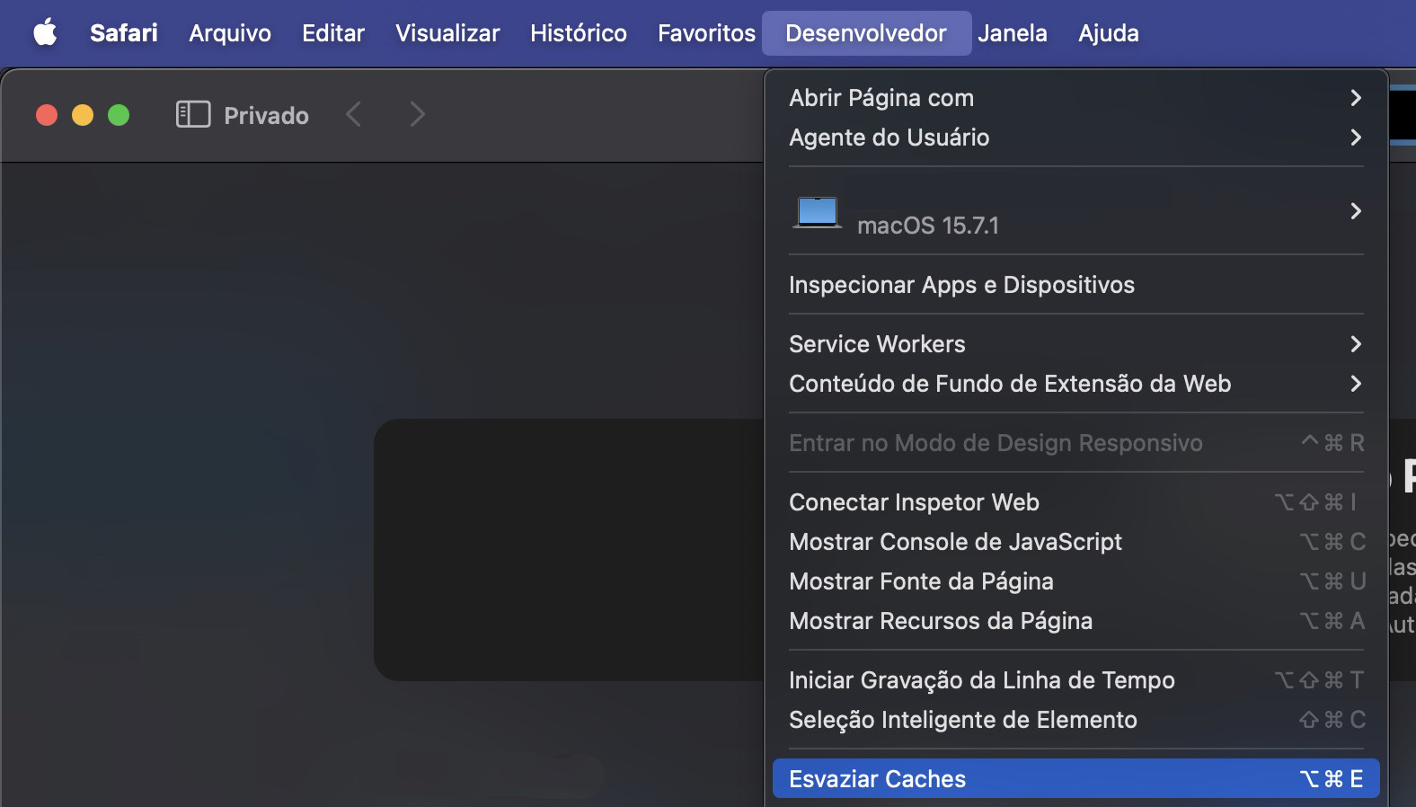 Safari, com o menu Desenvolvedor aberto e Esvaziar Caches destacado. Como limpar e redefinir o Safari, como parte de um guia sobre como parar pop-ups falsos do McAfee no Mac.