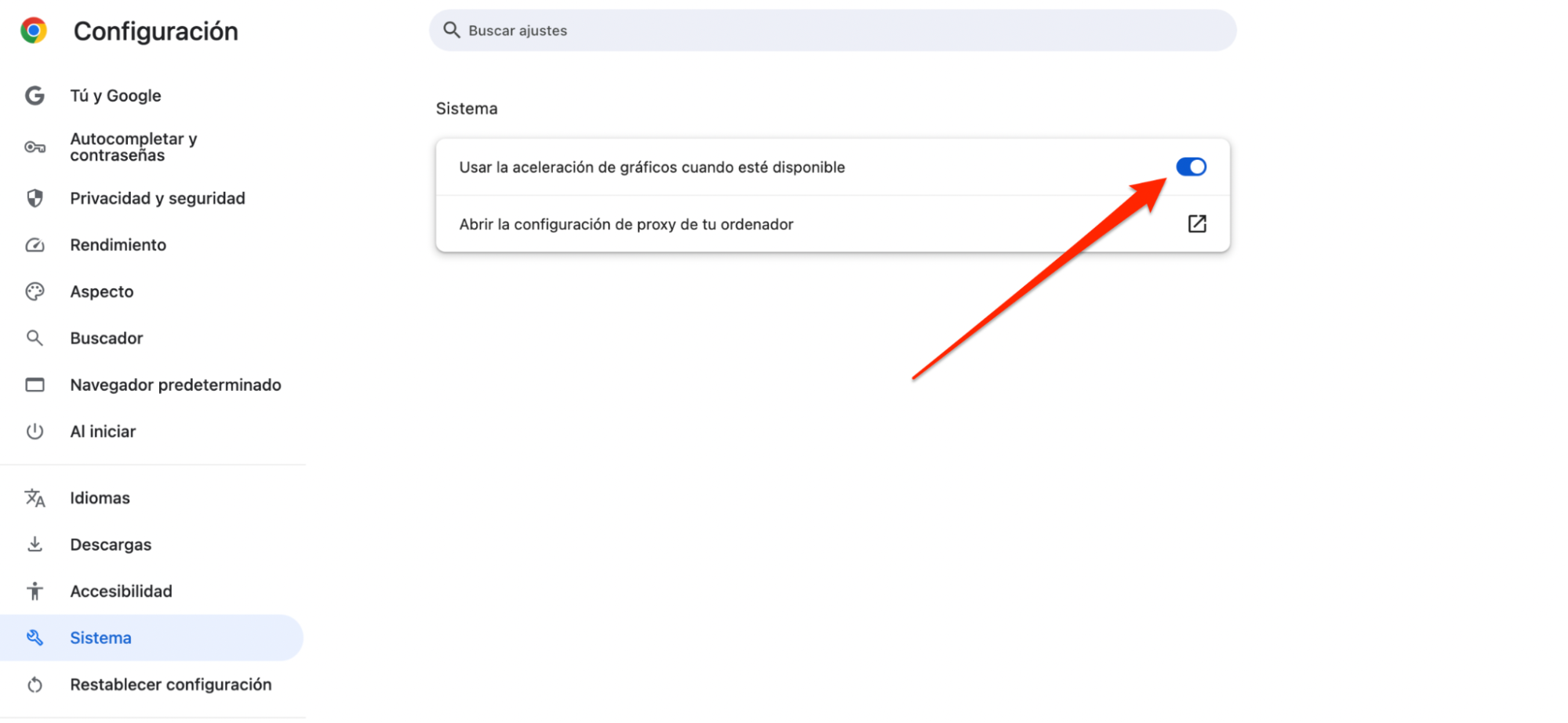 Desactiva la opción Utilizar la aceleración por hardware cuando esté disponible para mejorar el rendimiento de Chrome.
