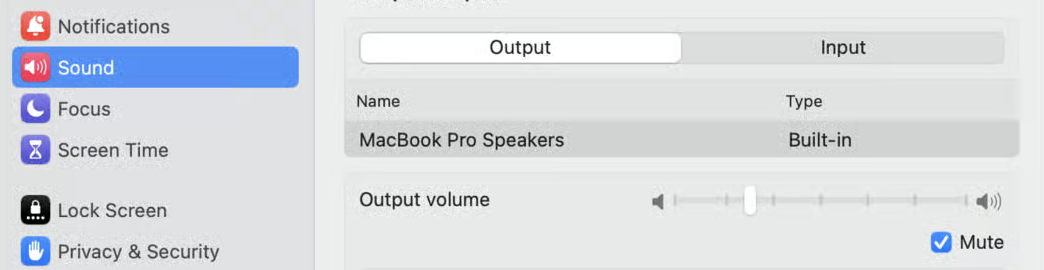 To Mute your laptop speakers, simply go into System Settings and go to Sound. In Sound,go to Output Volume and tick the box next to Mute to silence your device.