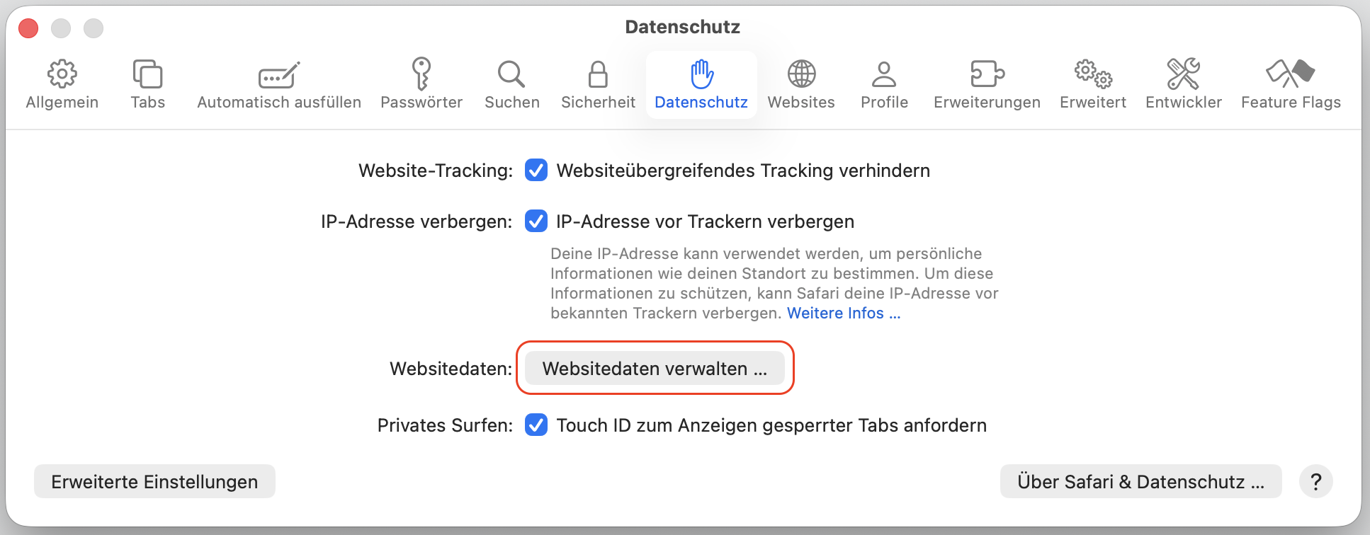 Datenschutz-Einstellungen von Safari. Die Option Websitedaten verwalten ist hervorgehoben. So setzen Sie Safari zurück, als Teil einer Anleitung, wie man gefälschte McAfee-Pop-ups auf dem Mac blockieren kann.