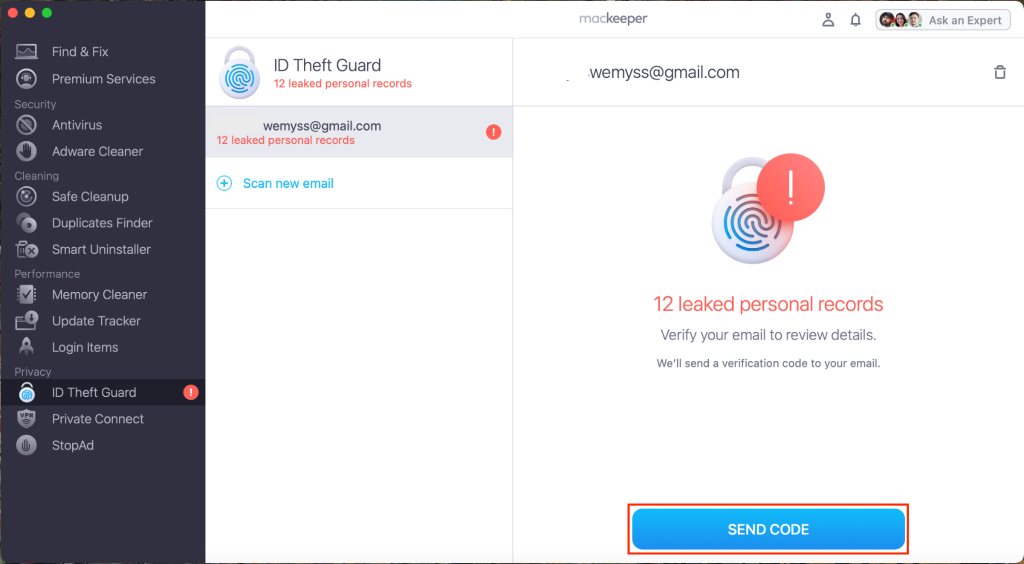 To see if you've been victim of a data leak on an Apple device, click send code. Then enter the code you have just been emailed by MacKeeper.