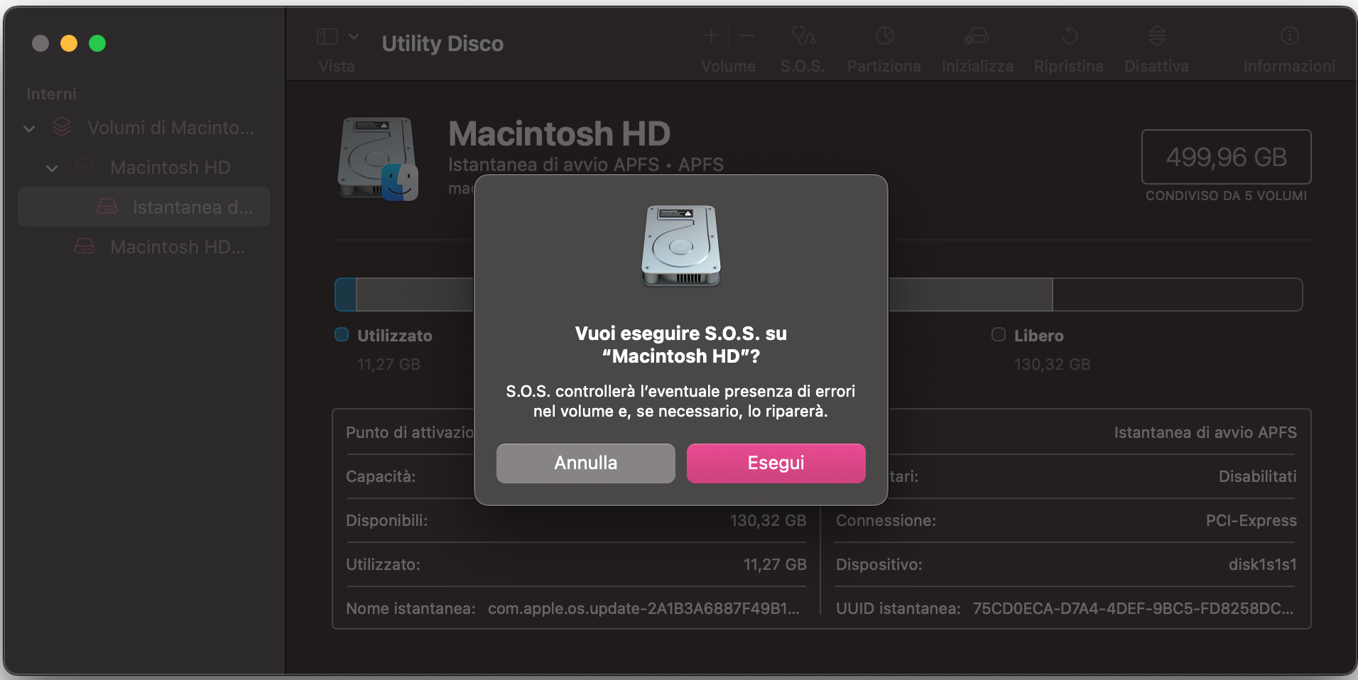 Una finestra pop-up di S.O.S. all'interno di Utility Disco su Mac. Eseguire S.O.S. ripara eventuali problemi con i permessi del disco.