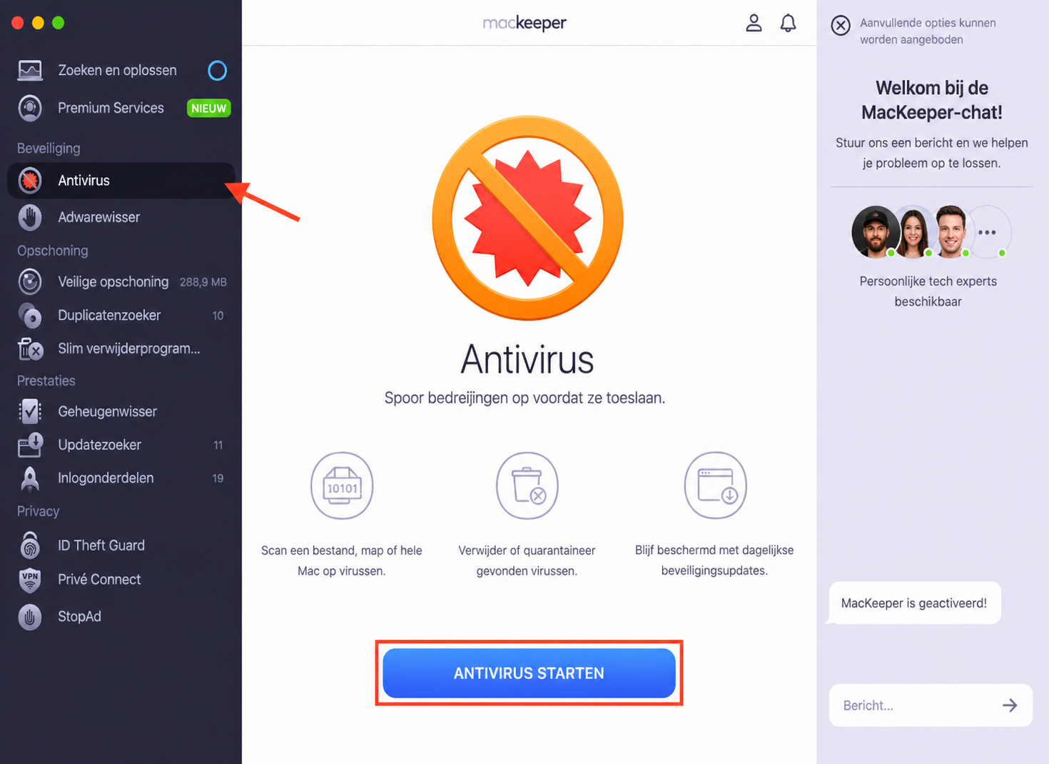 De Antivirus-tool in MacKeeper voor Mac. Klik op Antivirus starten om elk spoor van malware van je computer te verwijderen.