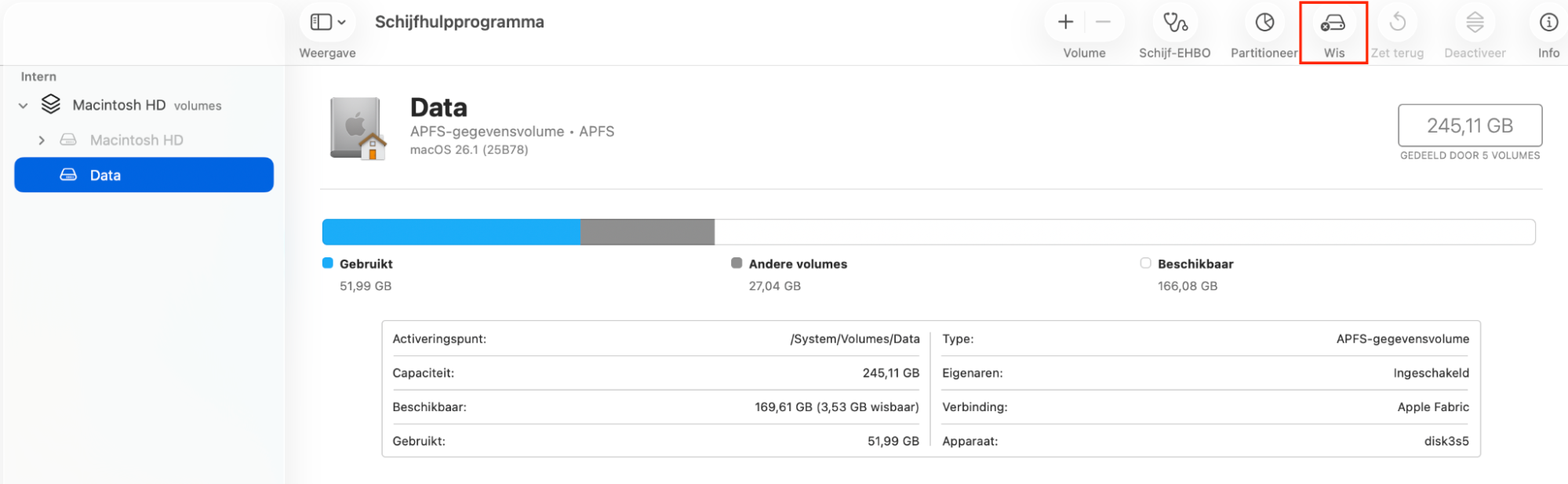 Open Schijfhulpprogramma via Apps> Hulpprogramma’s, selecteer je externe schijf in de navigatiekolom links en klik vervolgens op de knop ‘Wis’.