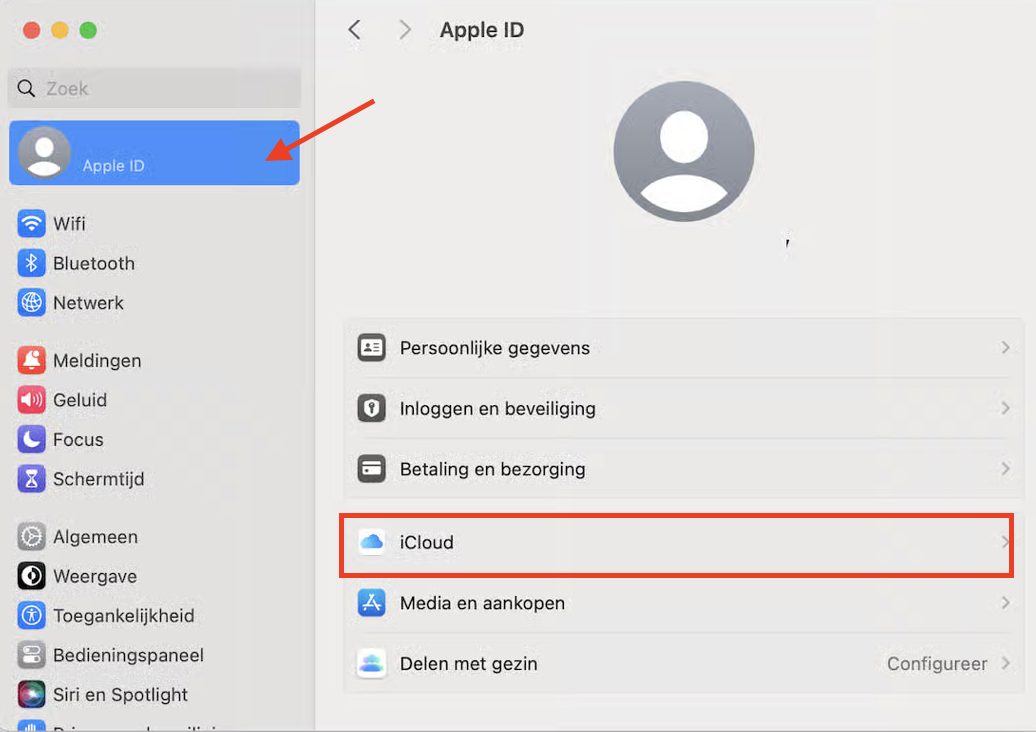 Het Apple-accountmenu in Systeeminstellingen op de Mac. Vanuit het iCloud-menu kun je de opslag van je Mac optimaliseren om ruimte vrij te maken.