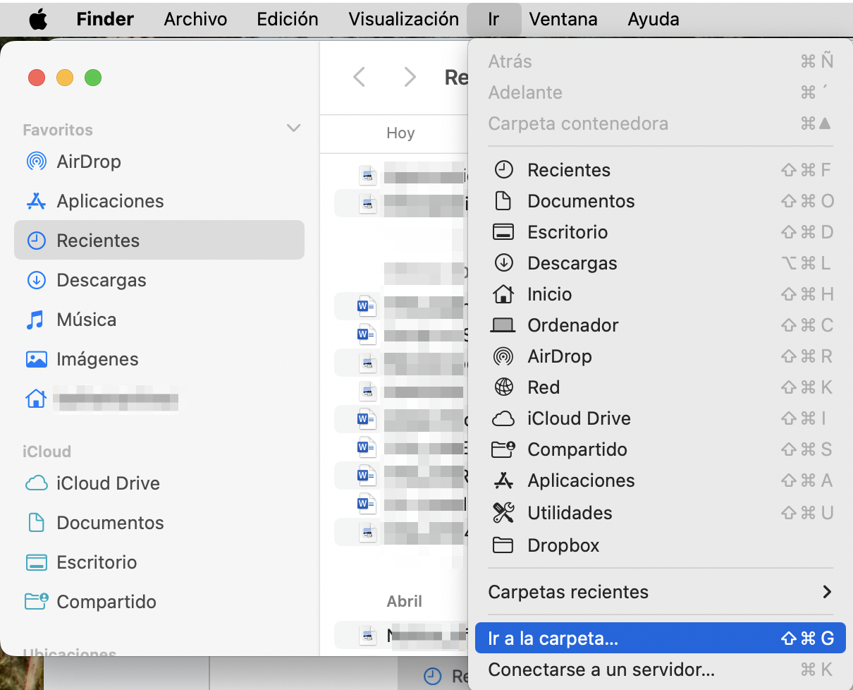 Parte de una ventana de Finder en Mac. El menú Ir está abierto e Ir a la carpeta está resaltado. Paso uno de la guía para borrar el caché de mail en Mac manualmente.