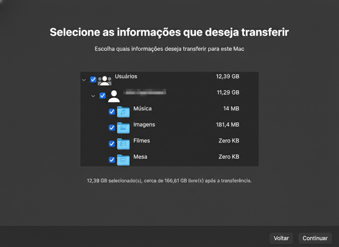 Escolha quais pastas e outros itens você deseja transferir para o seu Mac. Eles aparecerão no seu dispositivo quando a restauração for concluída. Toque em Continuar quando estiver satisfeito com suas escolhas.