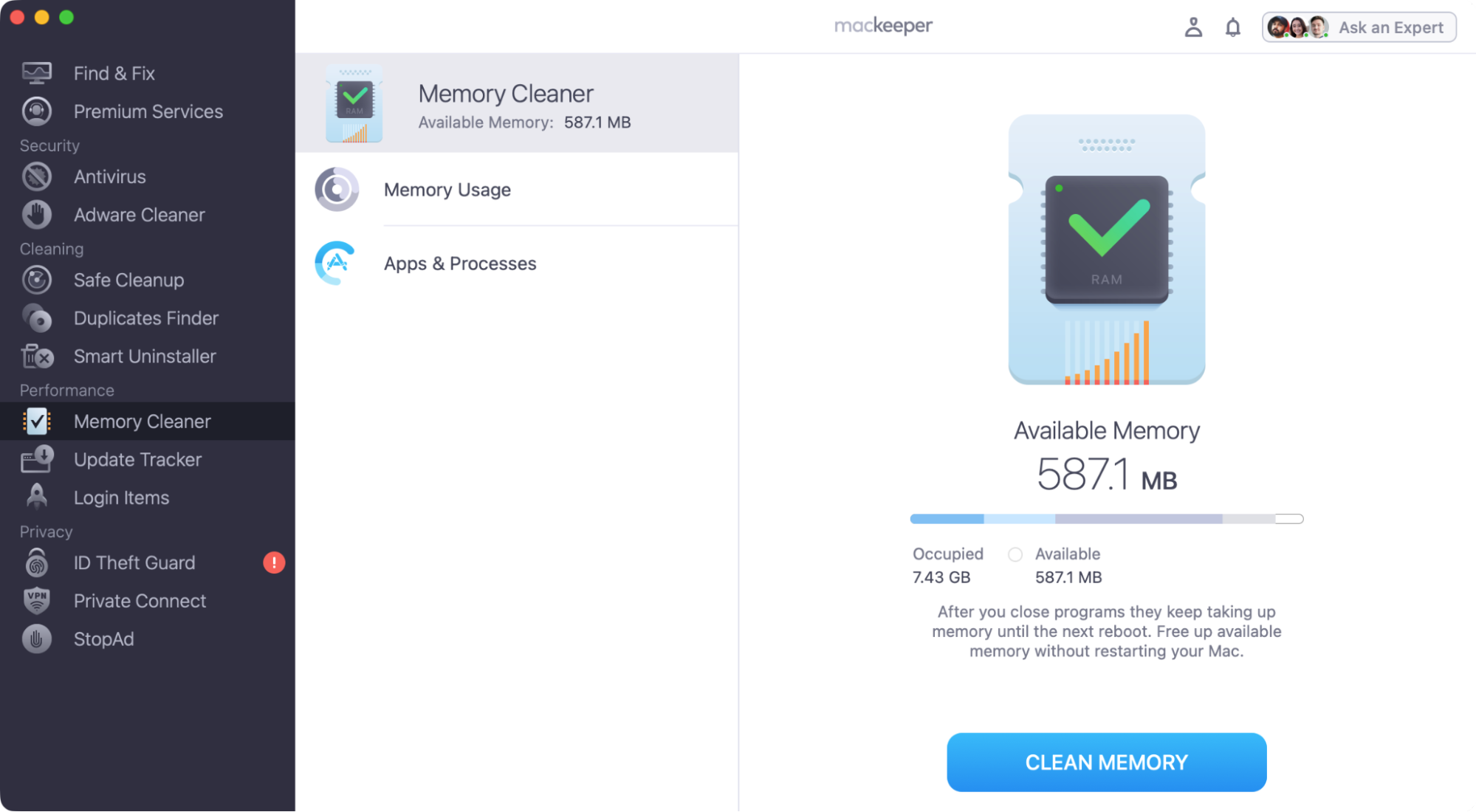 The MacKeeper Memory Cleanup tool will show you how much RAM you currently have left on your Mac. Simply click the 'Clean Memory' button, and MacKeeper will close unneeded processes.